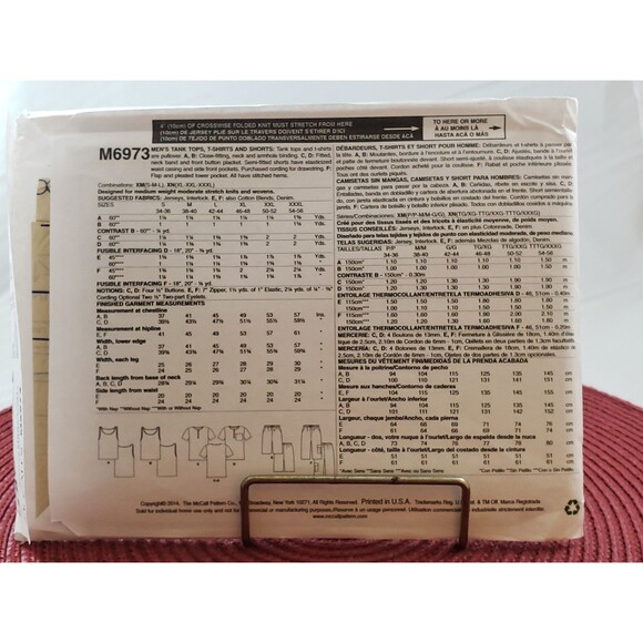 Men's Tank Tops, T-Shirt, Shorts McCall's M6973 Sewing Pattern, Elastic Waist - Picture 3 of 5